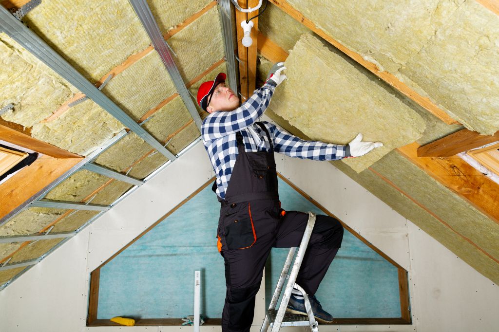 Man plaatst isolatie in dak van huis.
